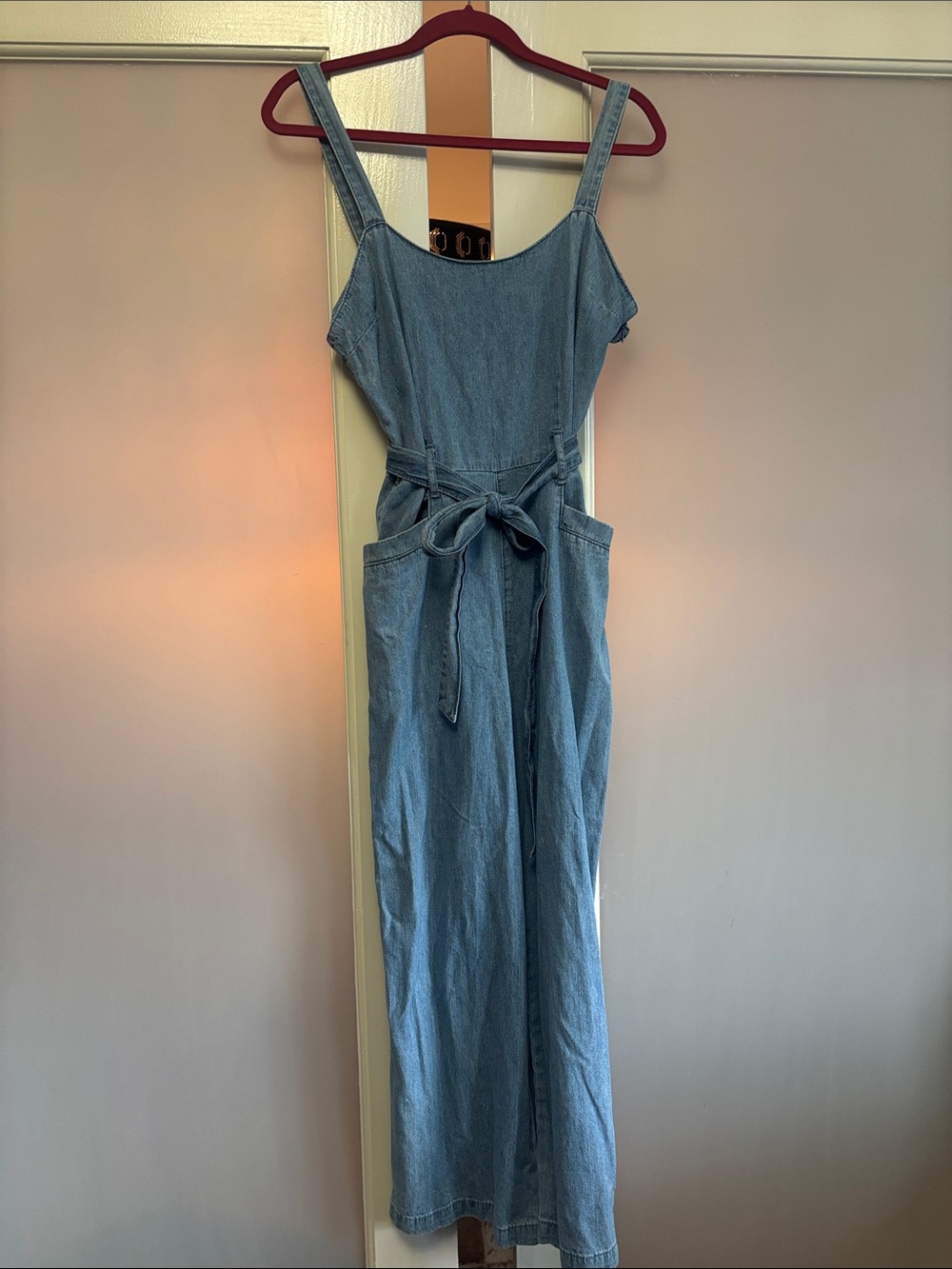 Rewash Denim Wide-Leg Jumpsuit with Tie Belt - Light Blue. Never Worn!